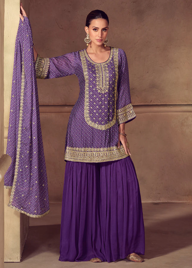 Purple Embroidered Sharara Suit
