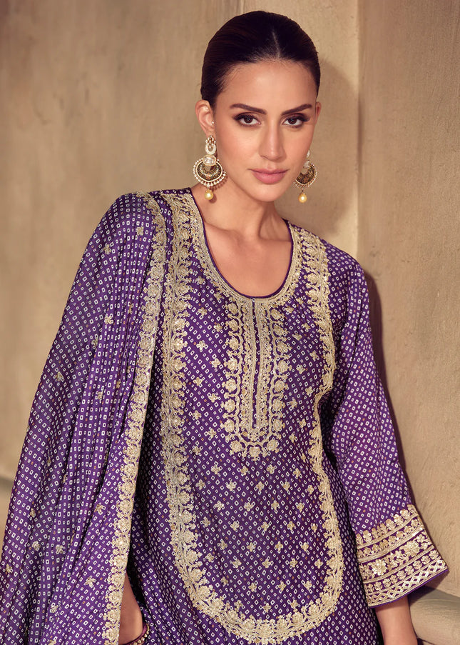 Purple Embroidered Sharara Suit