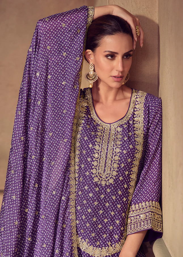 Purple Embroidered Sharara Suit