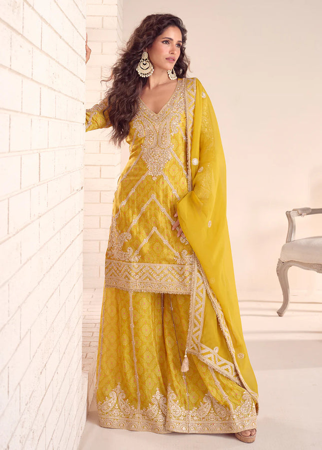 Yellow Embroidered Sharara Suit