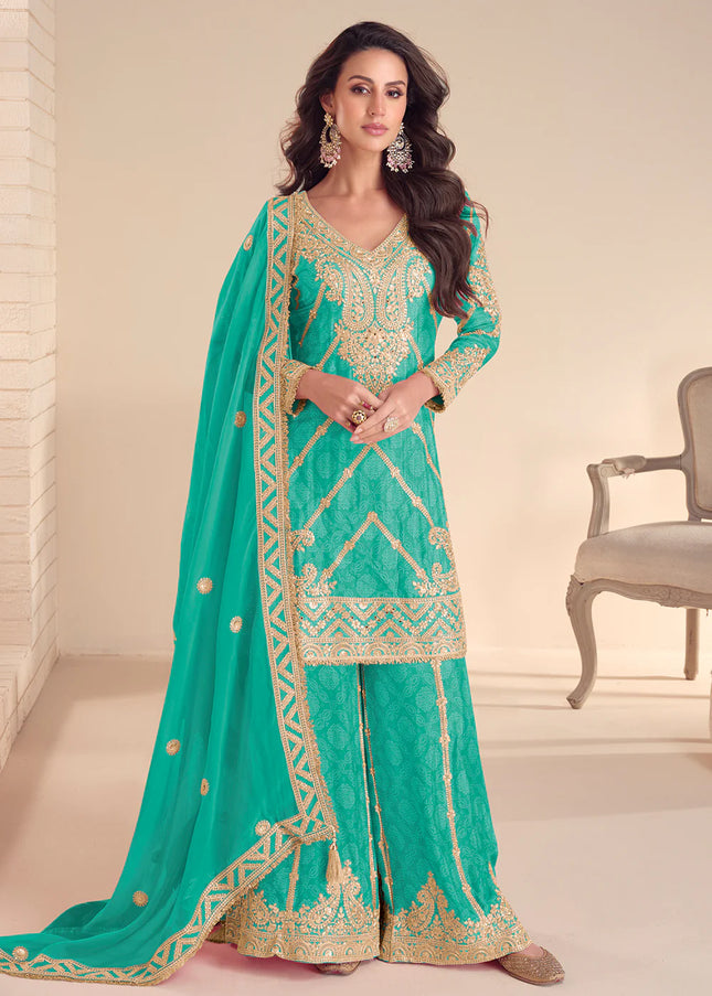 Turquoise Embroidered Sharara Suit