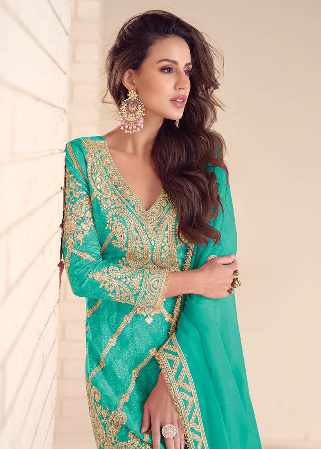 Turquoise Embroidered Sharara Suit
