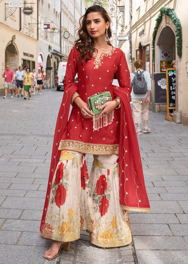 Red Embroidered Gharara Suit