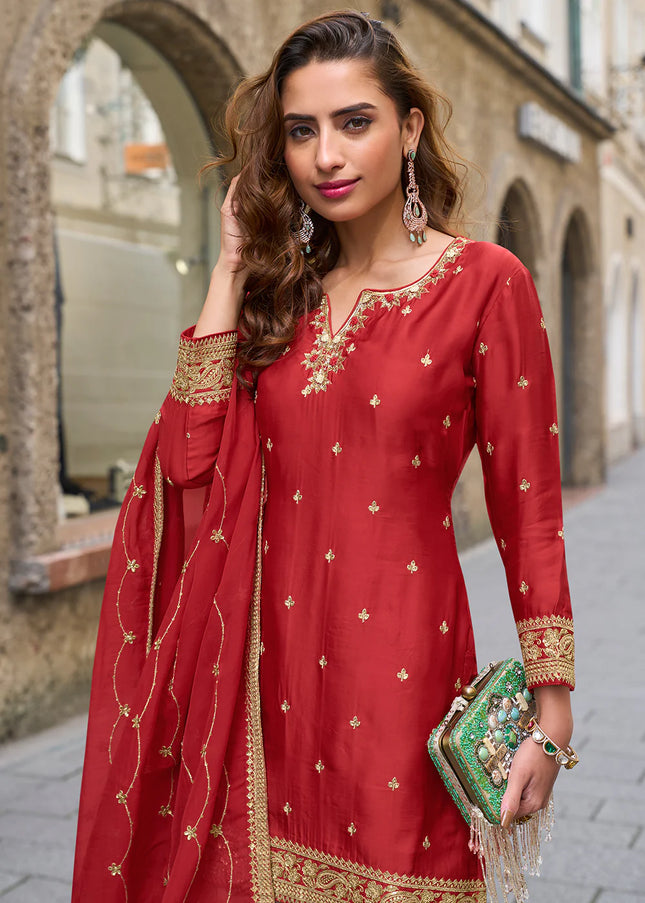 Red Embroidered Gharara Suit