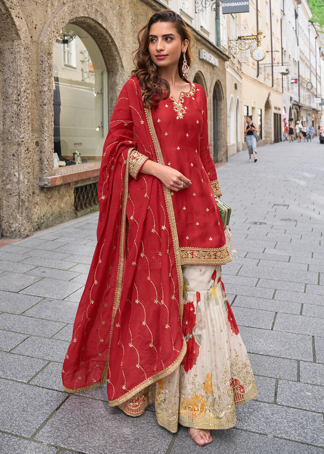 Red Embroidered Gharara Suit