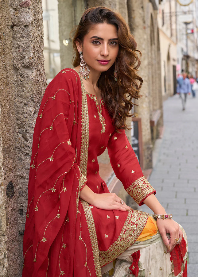Red Embroidered Gharara Suit