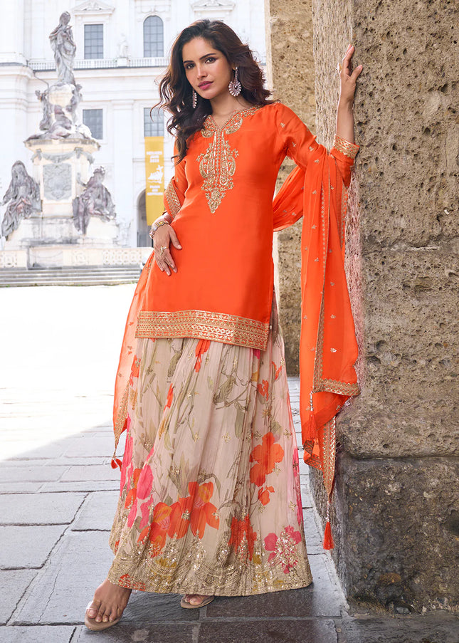 Orange Embroidered Sharara Suit