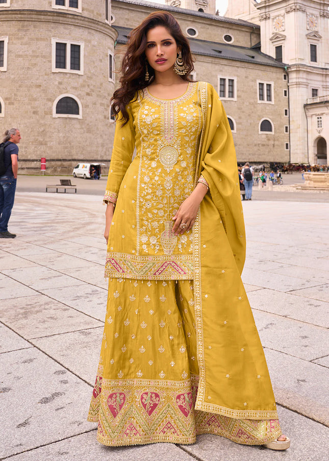 Yellow Embroidered Sharara Suit