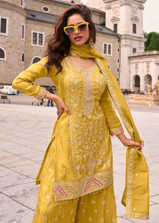Yellow Embroidered Sharara Suit