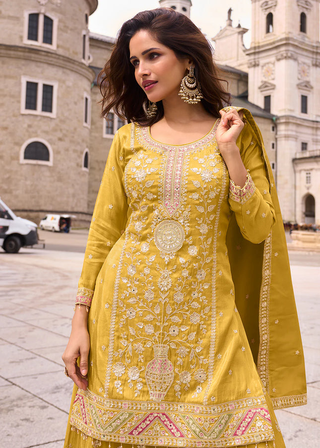 Yellow Embroidered Sharara Suit