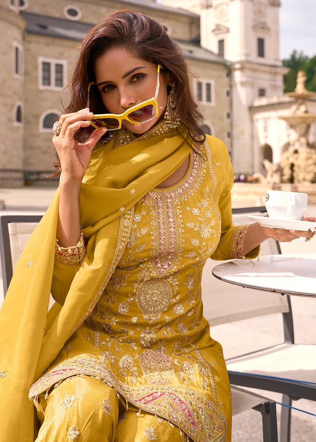 Yellow Embroidered Sharara Suit