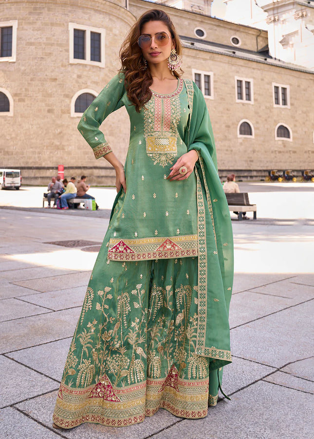Sea Green Embroidered Sharara Suit