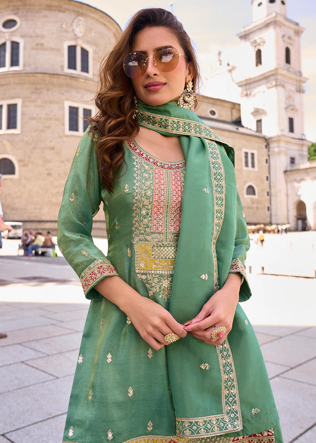 Sea Green Embroidered Sharara Suit