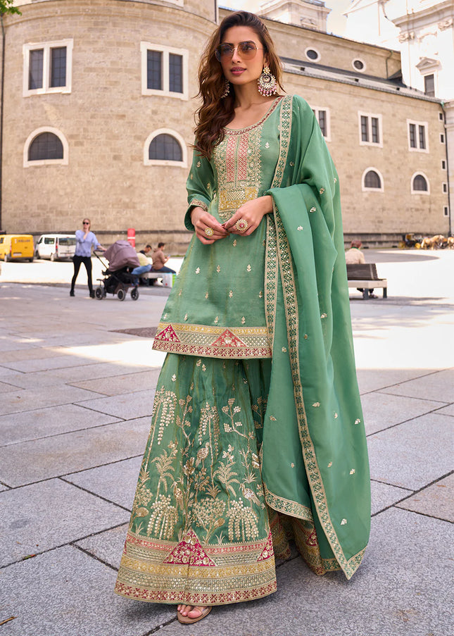 Sea Green Embroidered Sharara Suit