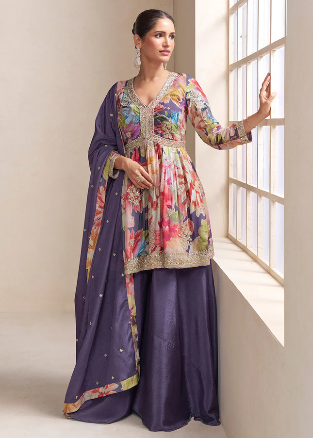 Purple Multicolor Embroidered Sharara Suit