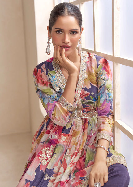 Purple Multicolor Embroidered Sharara Suit