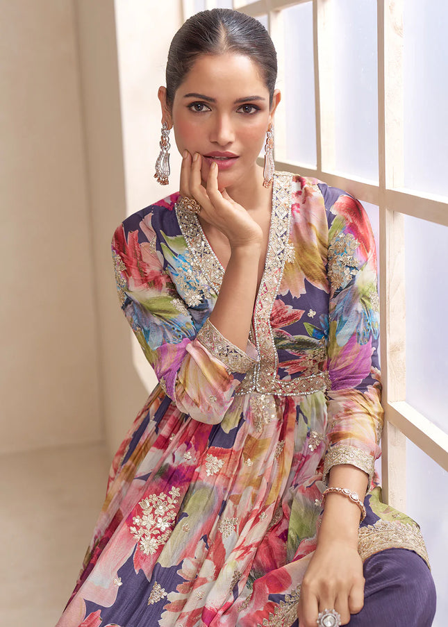 Purple Multicolor Embroidered Sharara Suit
