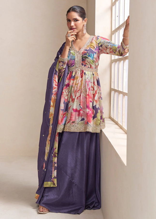 Purple Multicolor Embroidered Sharara Suit