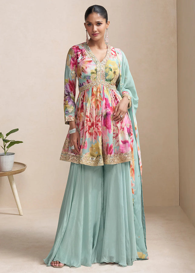 Sky Blue Multicolor Embroidered Sharara Suit