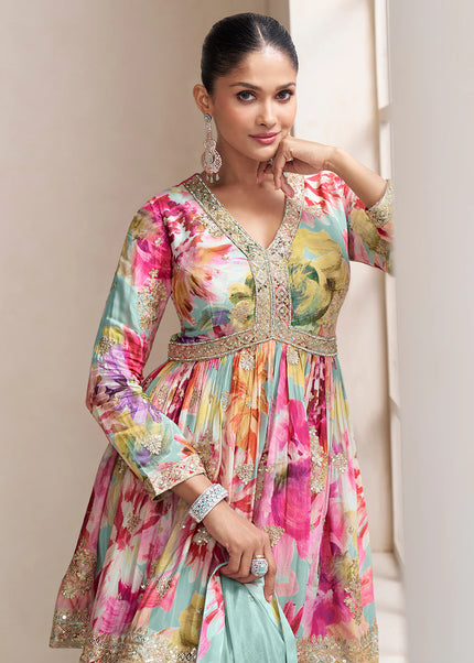 Sky Blue Multicolor Embroidered Sharara Suit