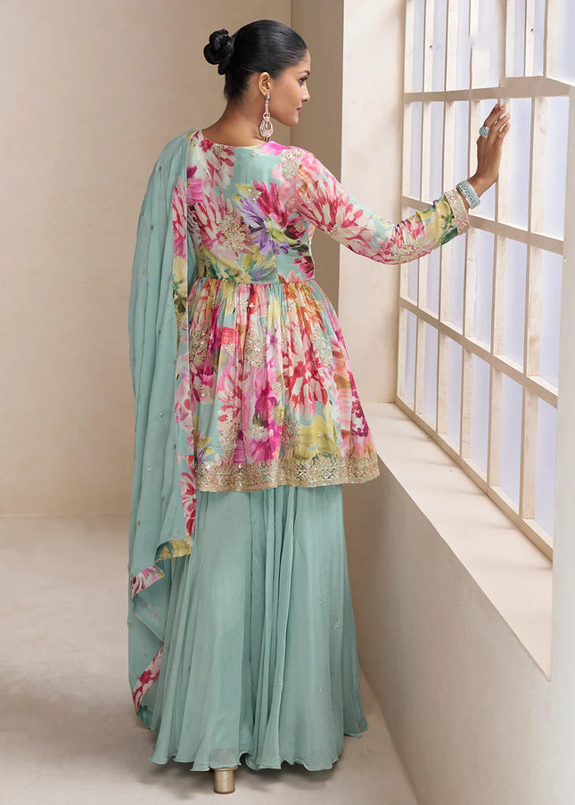 Sky Blue Multicolor Embroidered Sharara Suit