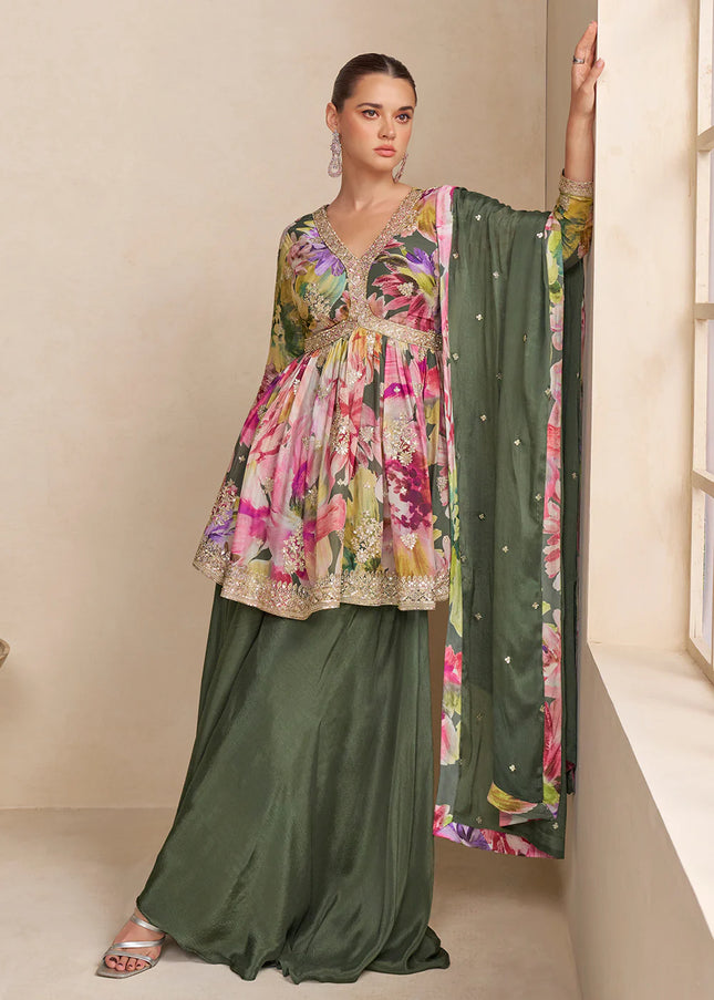 Green Multicolor Embroidered Sharara Suit