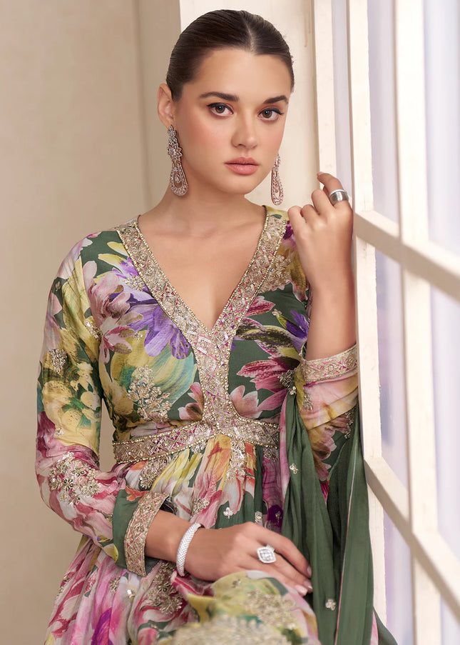 Green Multicolor Embroidered Sharara Suit