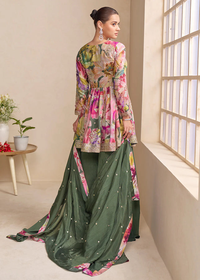Green Multicolor Embroidered Sharara Suit