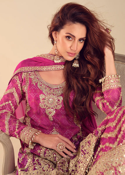 Pink Printed and Embroidered Sharara Suit