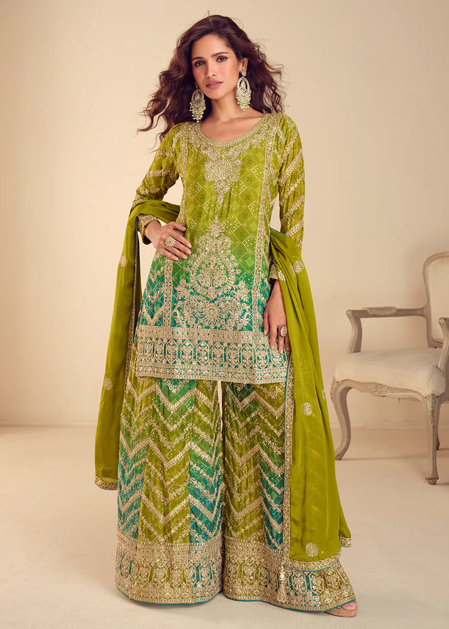 Green Printed and Embroidered Sharara Suit