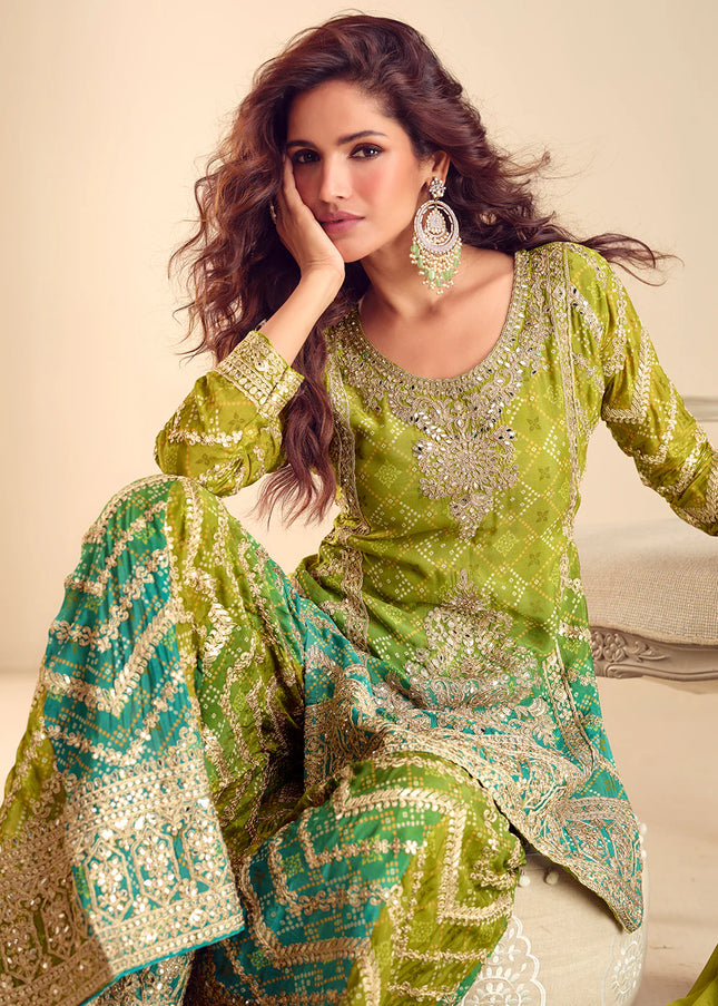 Green Printed and Embroidered Sharara Suit