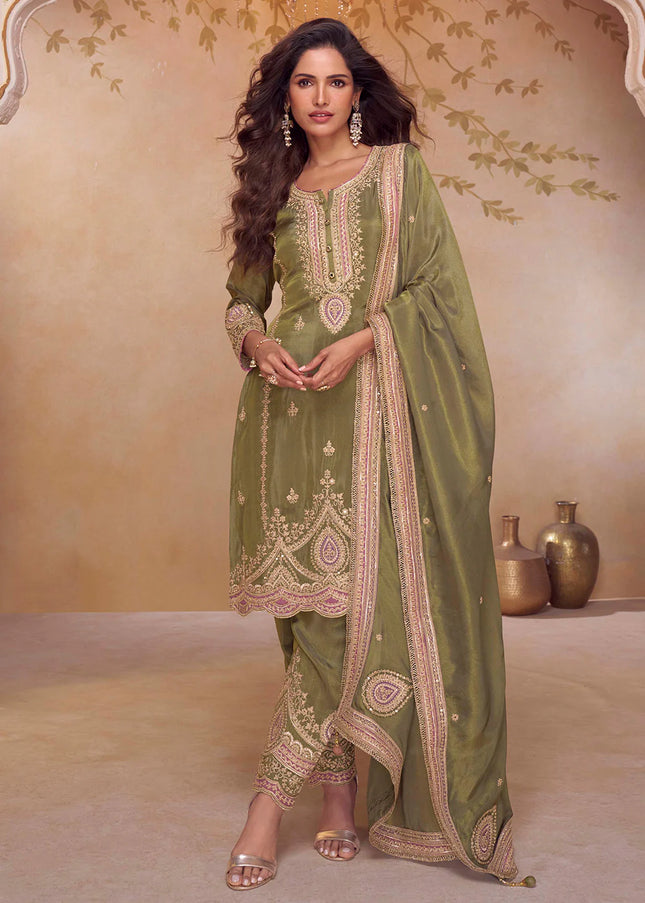 Green Embroidered Pant Style Suit