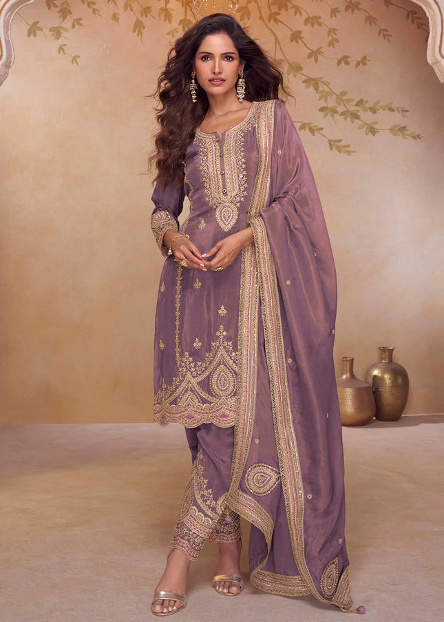 Purple Embroidered Pant Style Suit