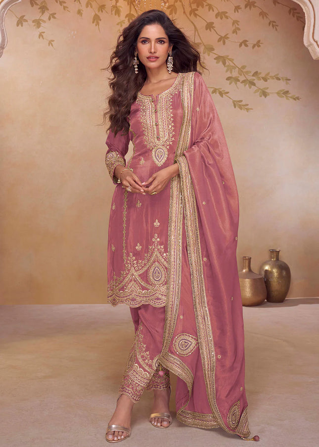 Pink Embroidered Pant Style Suit
