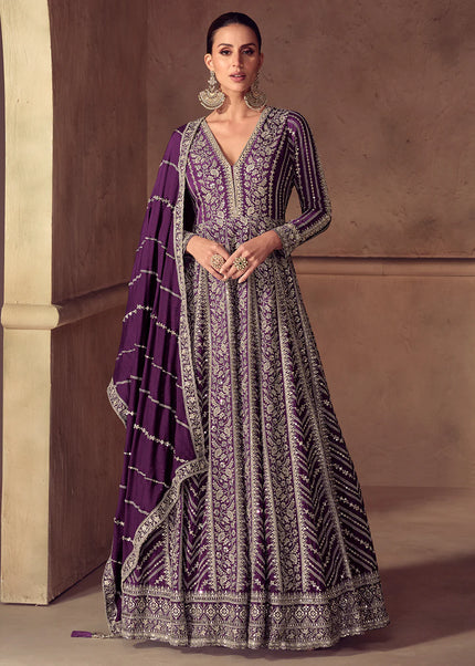 Purple Embroidered Anarkali Gown