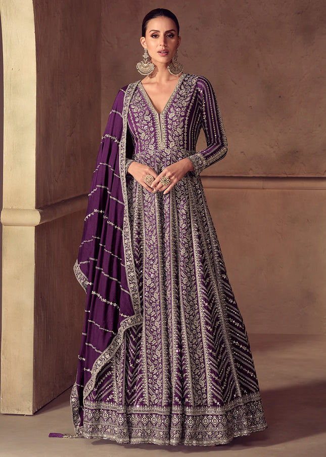 Purple Embroidered Anarkali Gown