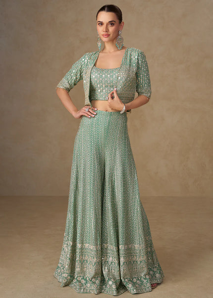 Sea Green Embroidered Jacket Style Sharara Suit