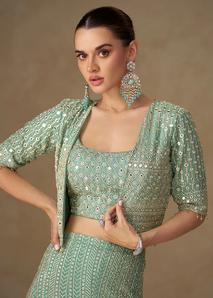 Sea Green Embroidered Jacket Style Sharara Suit