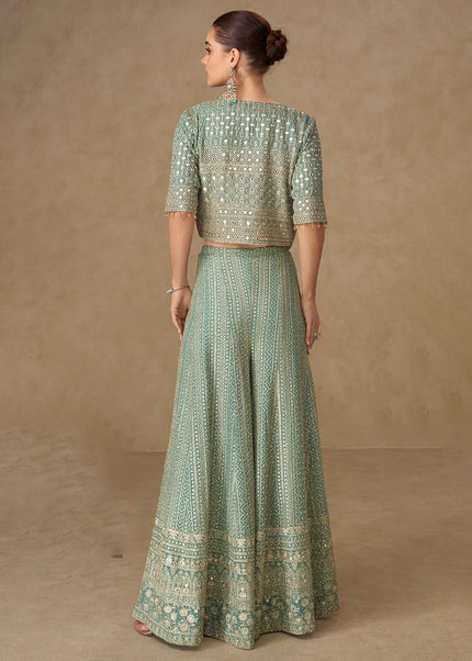 Sea Green Embroidered Jacket Style Sharara Suit