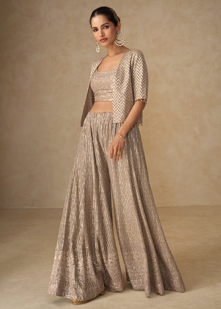 Beige Embroidered Jacket Style Sharara Suit