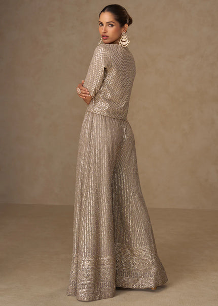 Beige Embroidered Jacket Style Sharara Suit