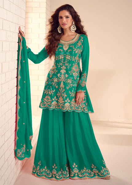 Teal Embroidered Sharara Suit