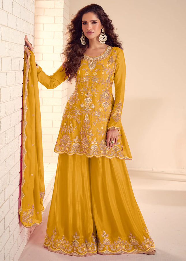 Yellow Embroidered Sharara Suit