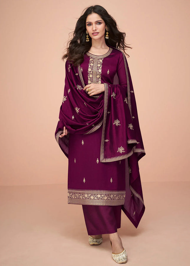 Purple Embroidered Pant Style Suit