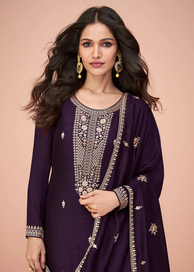Violet Embroidered Pant Style Suit