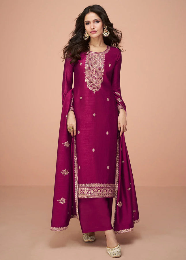 Magenta Embroidered Pant Style Suit