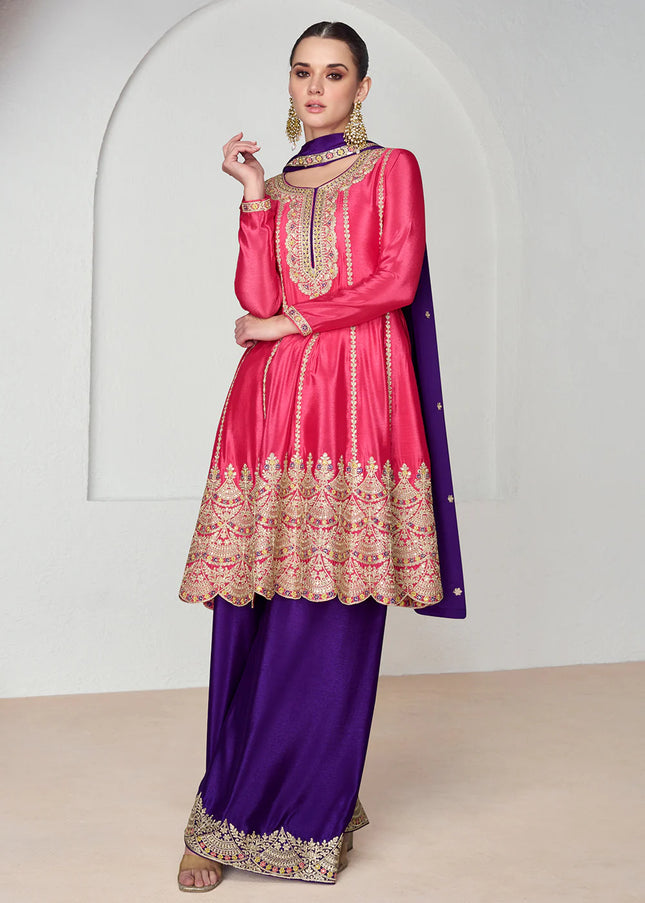 Pink and Purple Embroidered Palazzo Suit