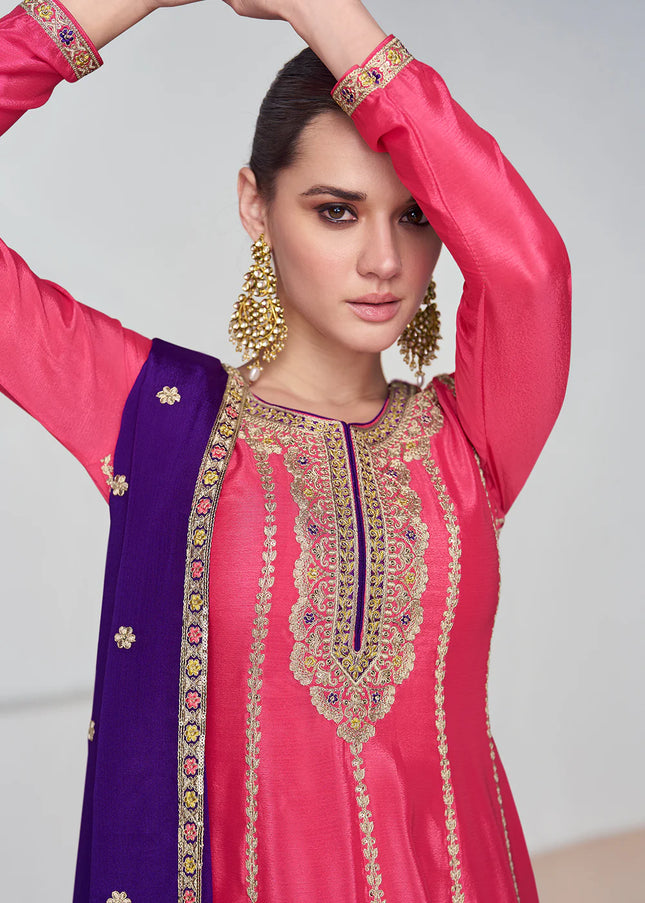 Pink and Purple Embroidered Palazzo Suit