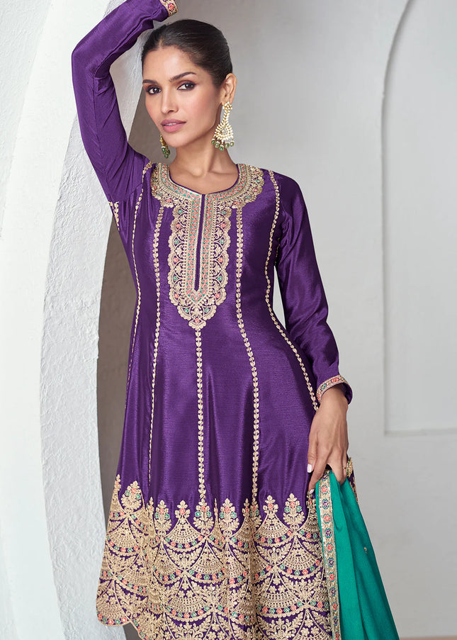 Purple and Green Embroidered Palazzo Suit