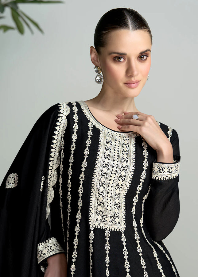 Black and White Embroidered Palazzo Suit